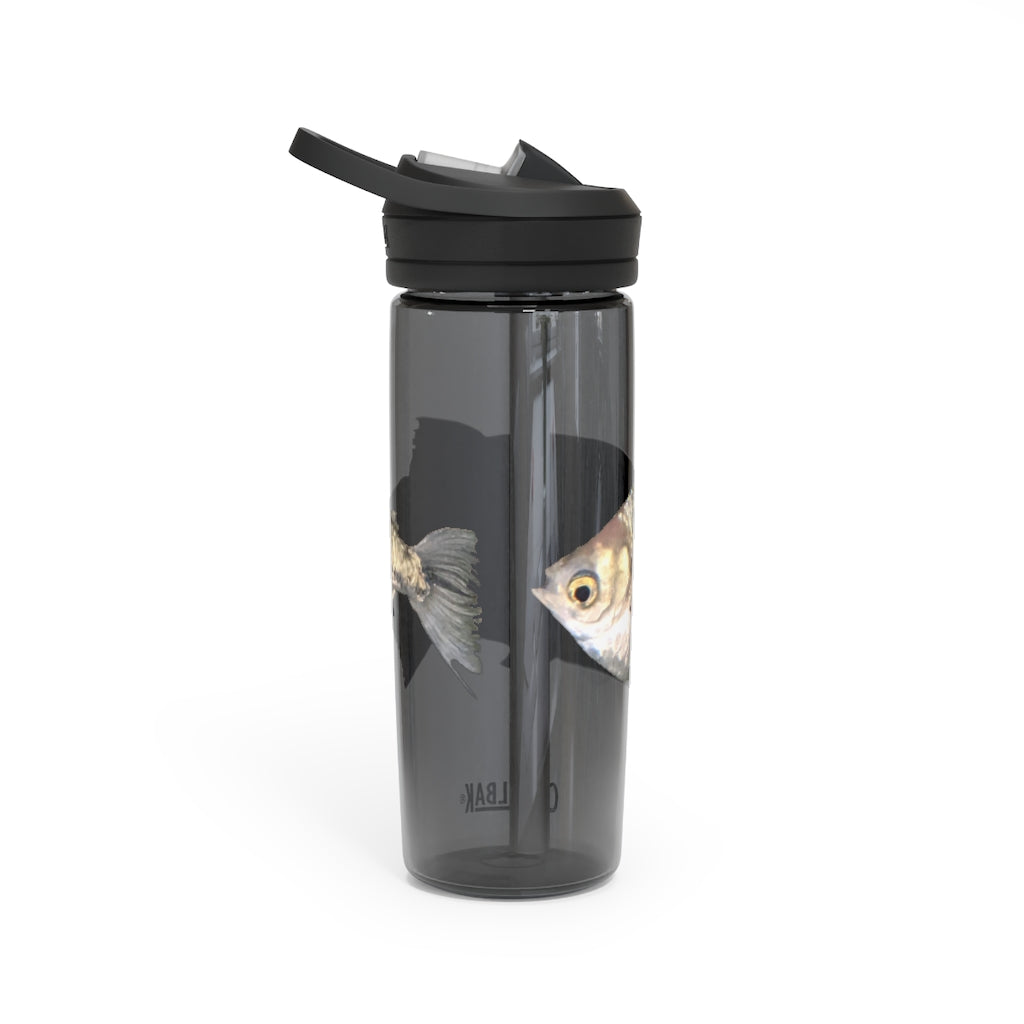 Silver Fish CamelBak Eddy® Water Bottle in 20oz and 25oz sizes, showcasing its robust design and easy-carry handle.