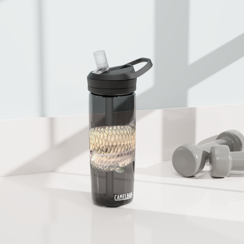 Silver Fish CamelBak Eddy® Water Bottle in 20oz and 25oz sizes, showcasing its robust design and easy-carry handle.