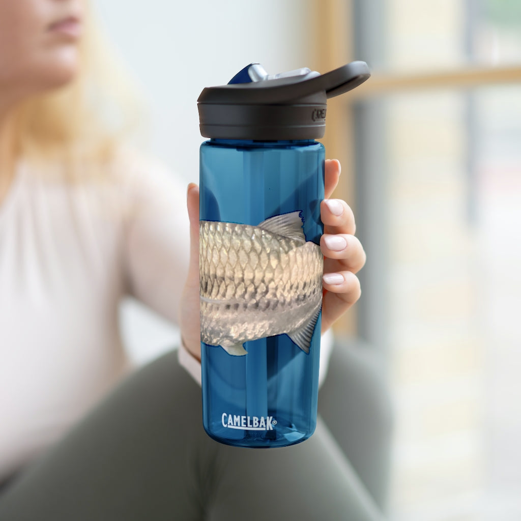 Silver Fish CamelBak Eddy® Water Bottle in 20oz and 25oz sizes, showcasing its robust design and easy-carry handle.