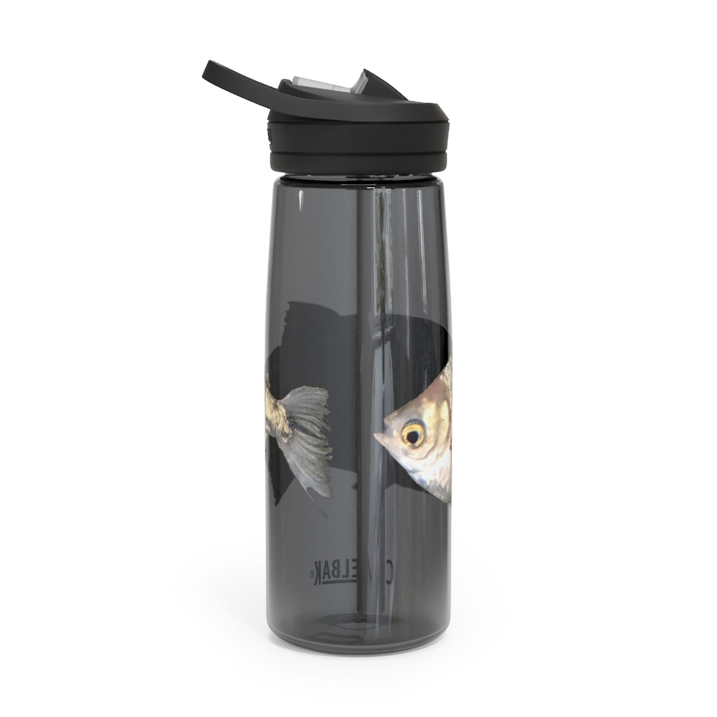 Silver Fish CamelBak Eddy® Water Bottle in 20oz and 25oz sizes, showcasing its robust design and easy-carry handle.