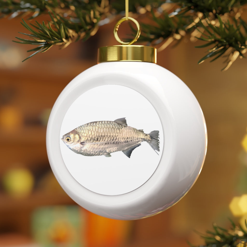 A 3-inch silver fish Christmas ball ornament with a glossy finish and gold ribbon, showcasing vintage style and customizable metal insert.