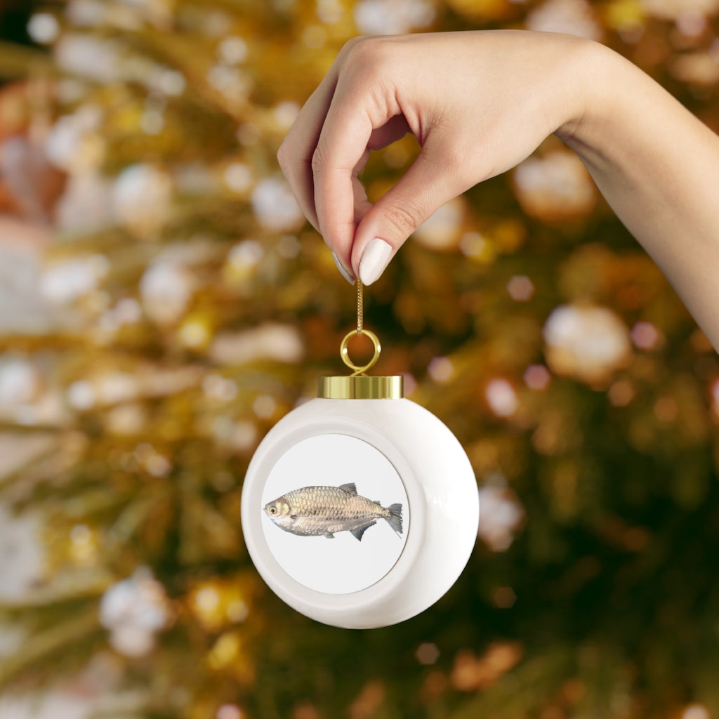 A 3-inch silver fish Christmas ball ornament with a glossy finish and gold ribbon, showcasing vintage style and customizable metal insert.