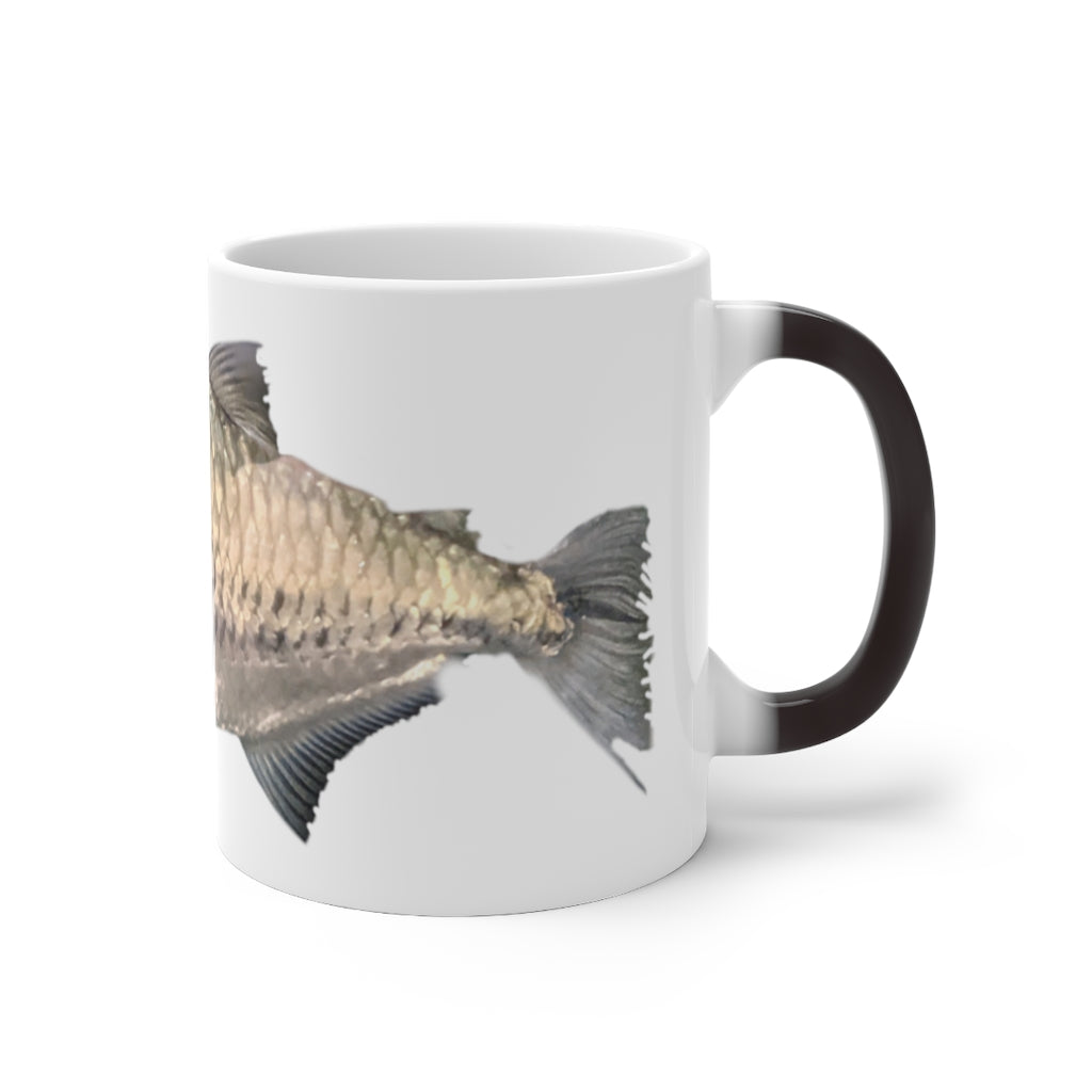 A stylish silver fish color changing mug showcasing its unique design and color transformation feature.