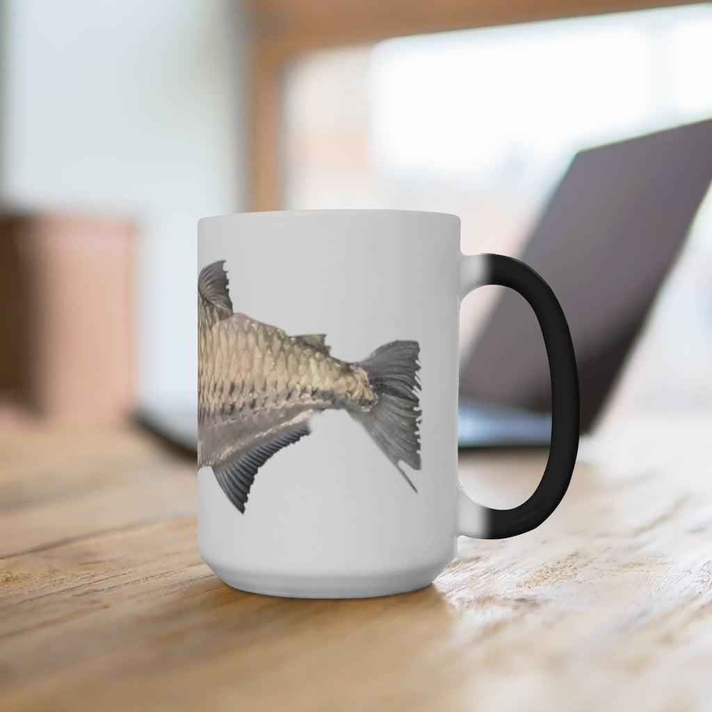 A stylish silver fish color changing mug showcasing its unique design and color transformation feature.