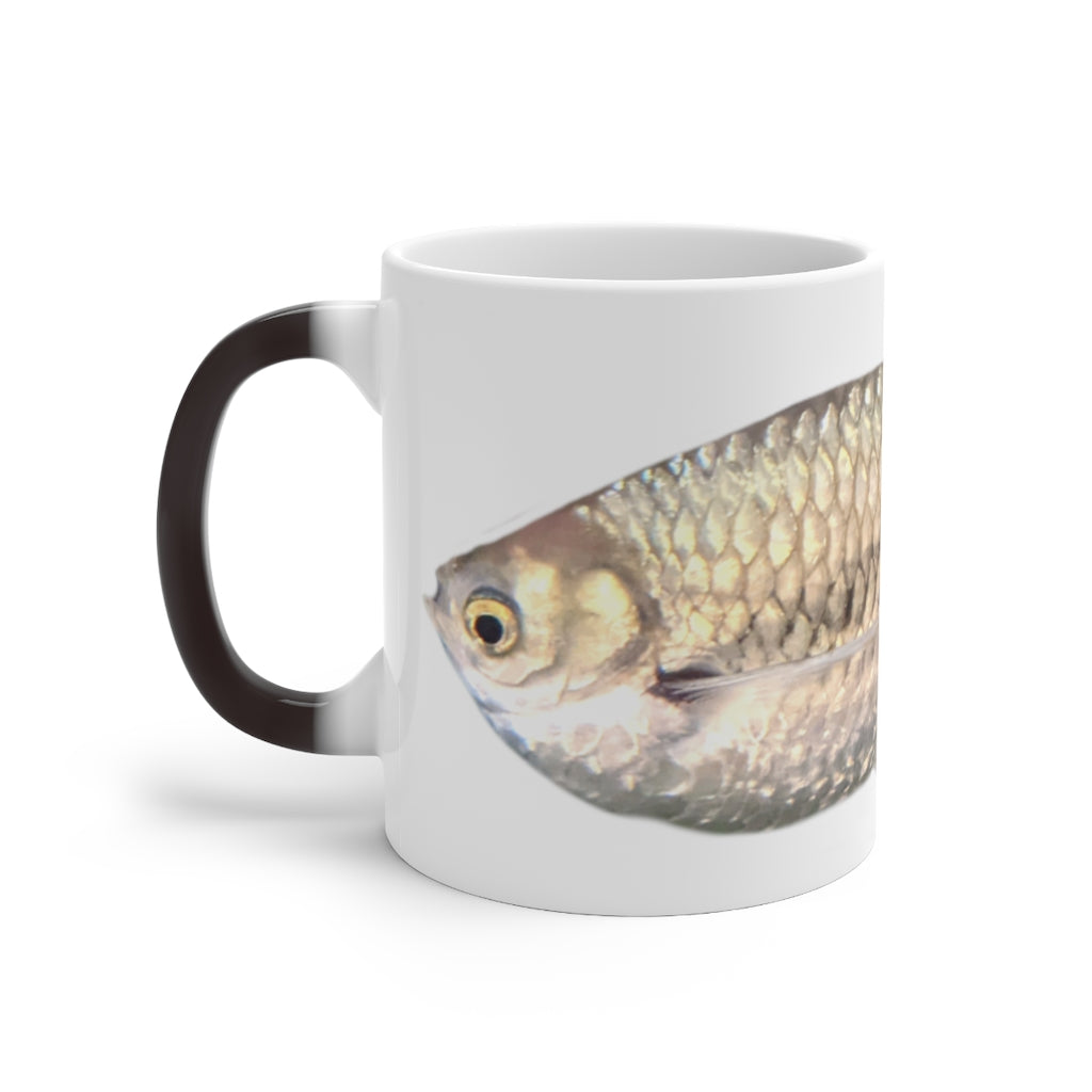 A stylish silver fish color changing mug showcasing its unique design and color transformation feature.