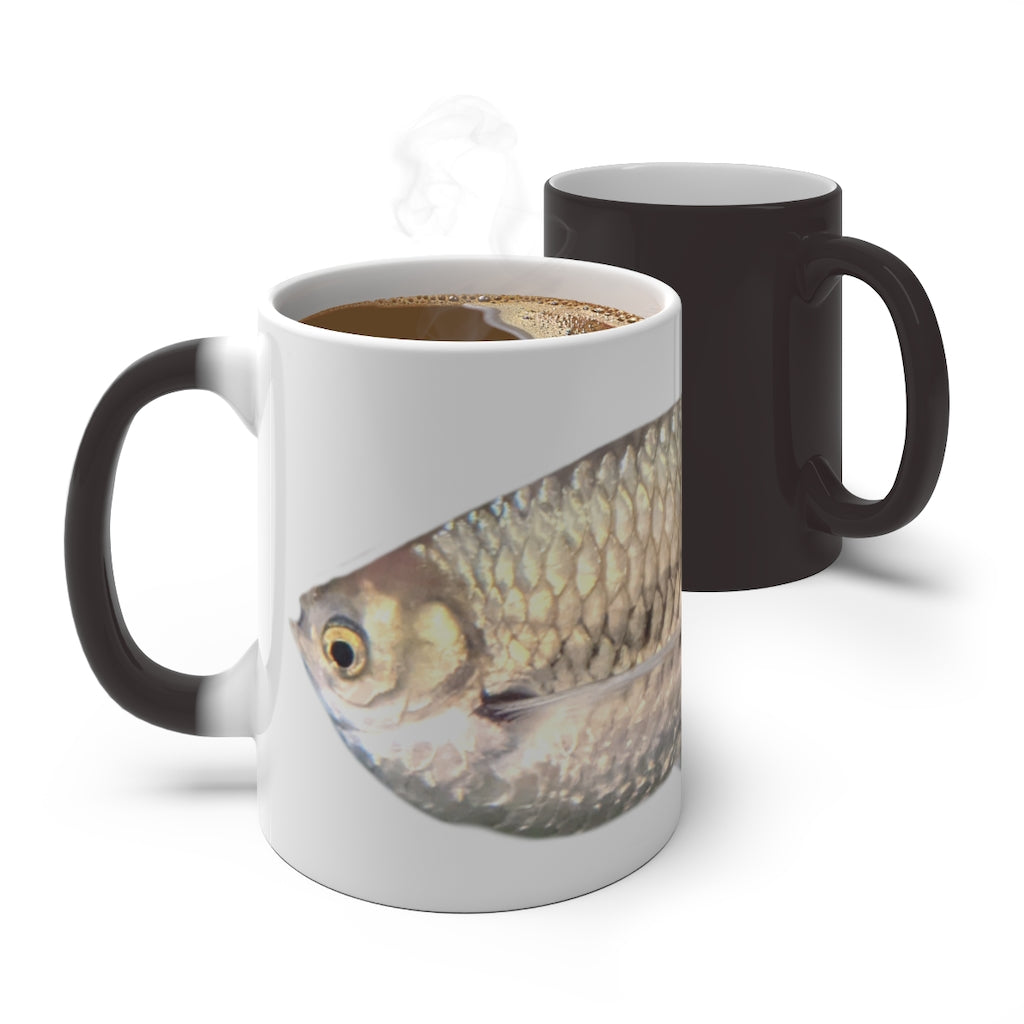 A stylish silver fish color changing mug showcasing its unique design and color transformation feature.