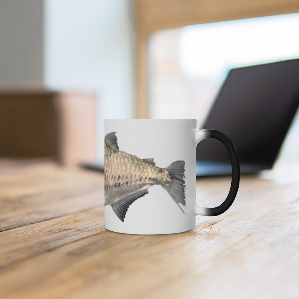 A stylish silver fish color changing mug showcasing its unique design and color transformation feature.