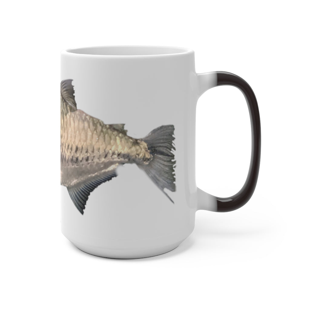 A stylish silver fish color changing mug showcasing its unique design and color transformation feature.