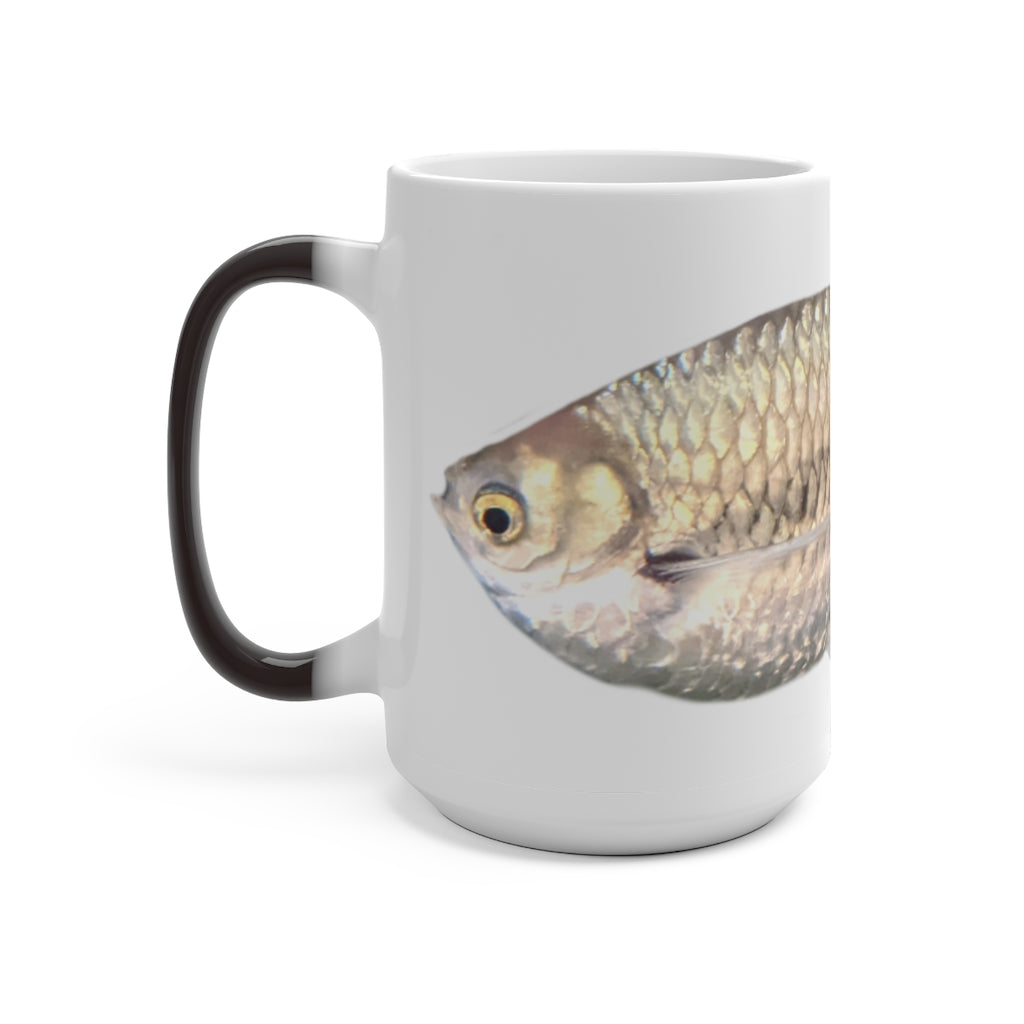 A stylish silver fish color changing mug showcasing its unique design and color transformation feature.