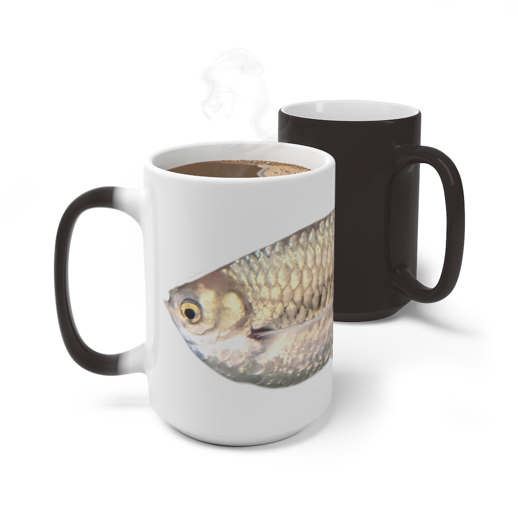 A stylish silver fish color changing mug showcasing its unique design and color transformation feature.