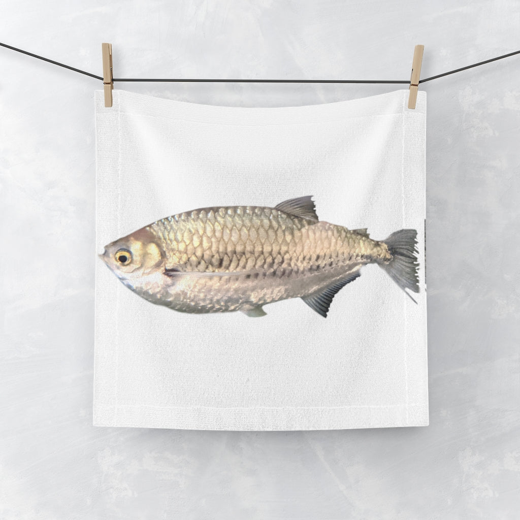 A stylish Silver Fish Face Towel featuring a vibrant polyester front and soft cotton back, perfect for customization.