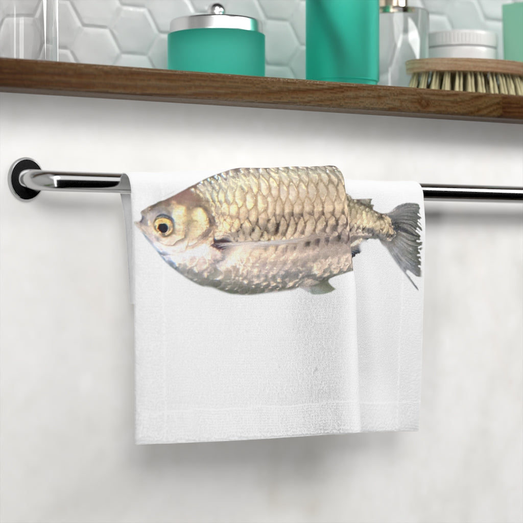 A stylish Silver Fish Face Towel featuring a vibrant polyester front and soft cotton back, perfect for customization.