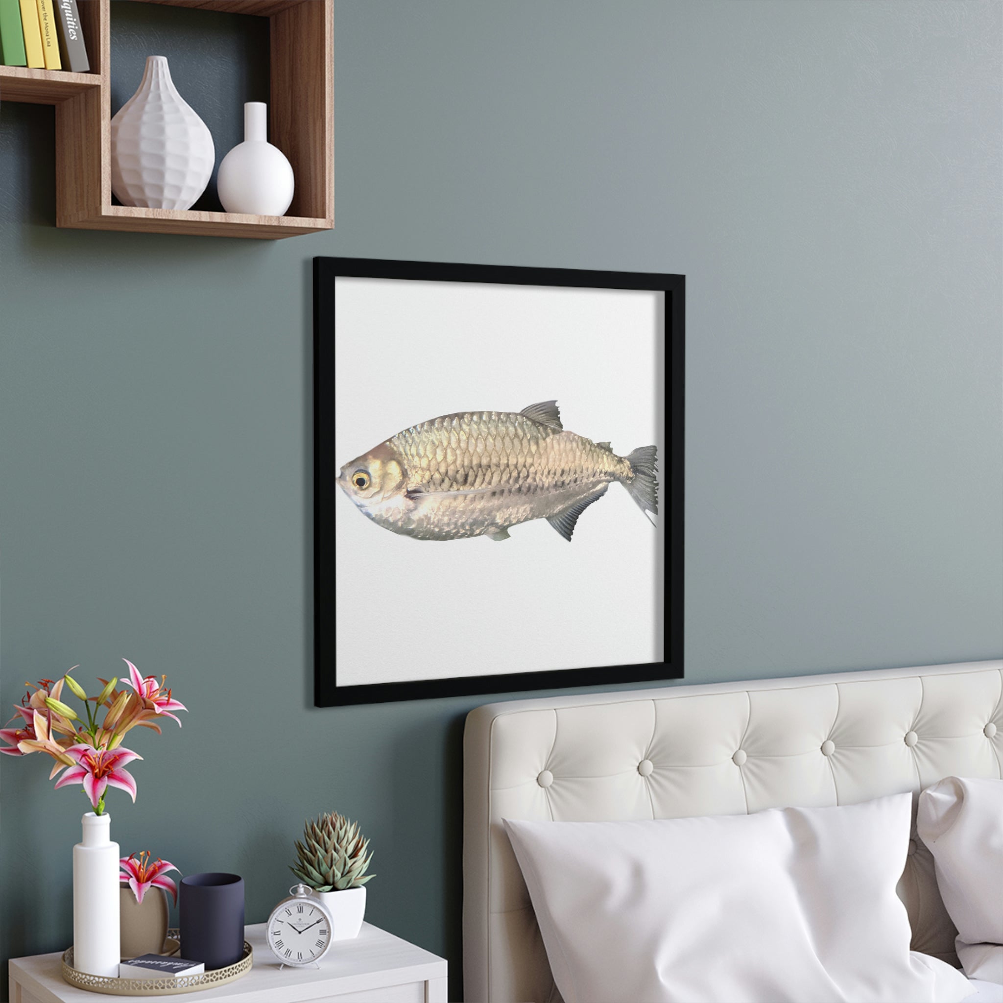 A beautifully framed Silver Fish poster with a hand-crafted wooden frame, showcasing vibrant colors and intricate details.