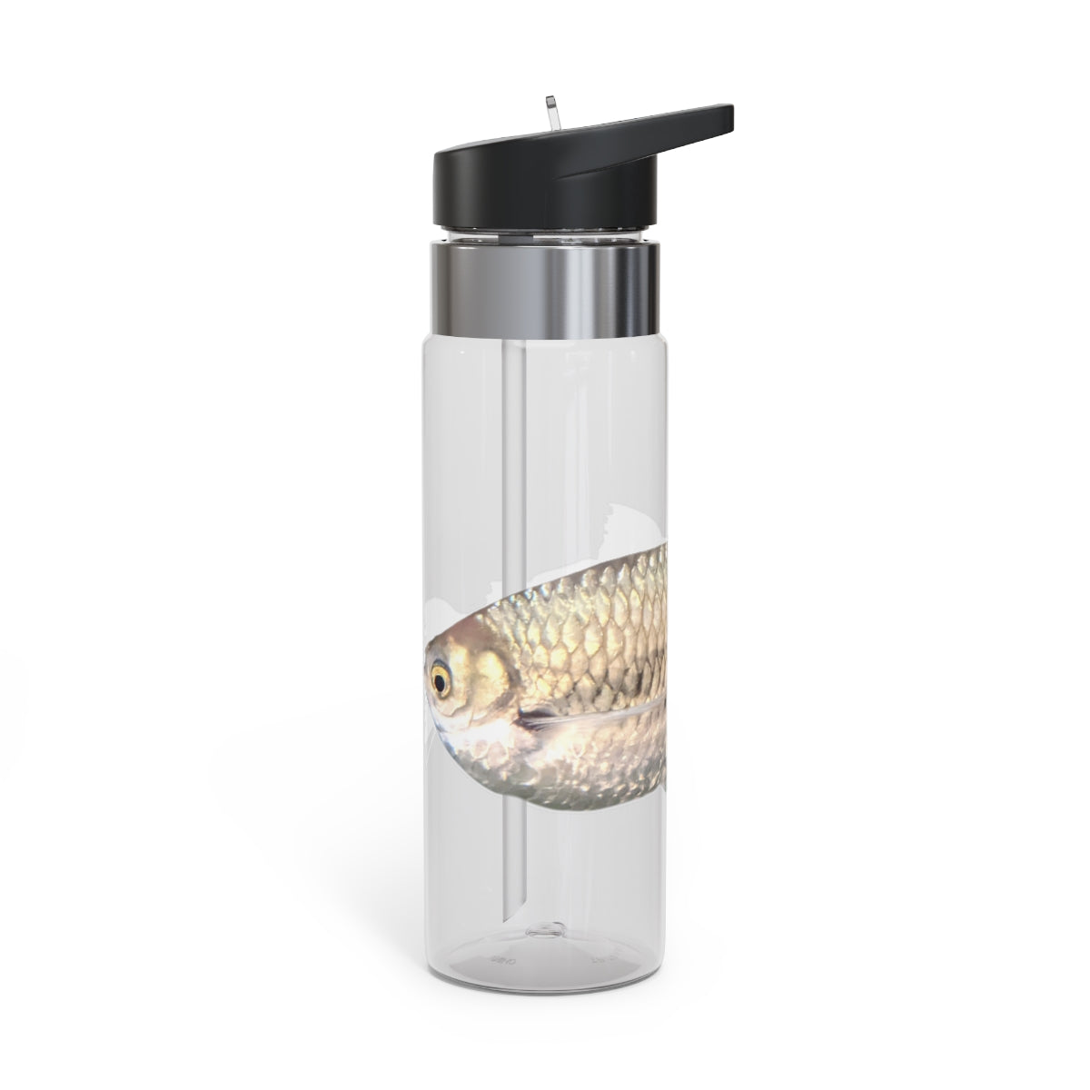 Silver Fish Kensington Tritan™ Sport Bottle in a sleek design, featuring a screw-on lid, straw, and carabiner hook for easy carrying.