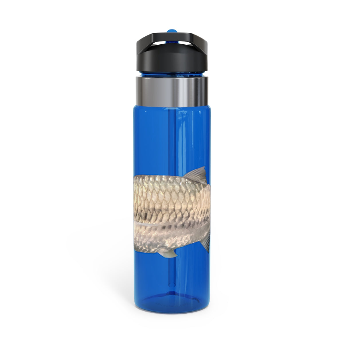 Silver Fish Kensington Tritan™ Sport Bottle in a sleek design, featuring a screw-on lid, straw, and carabiner hook for easy carrying.