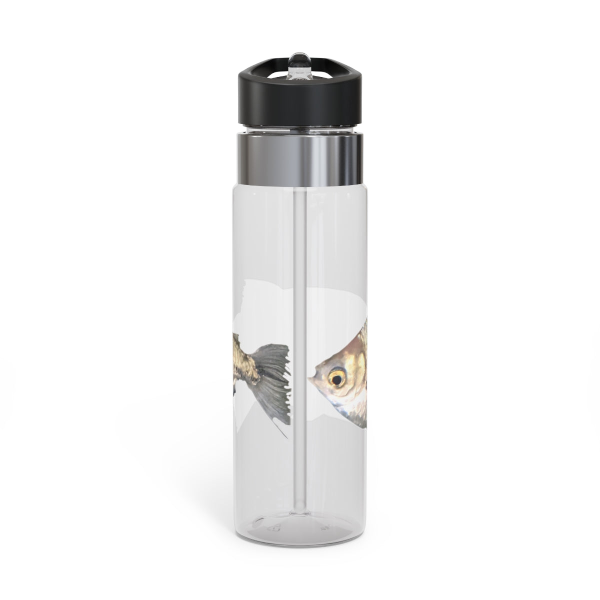 Silver Fish Kensington Tritan™ Sport Bottle in a sleek design, featuring a screw-on lid, straw, and carabiner hook for easy carrying.