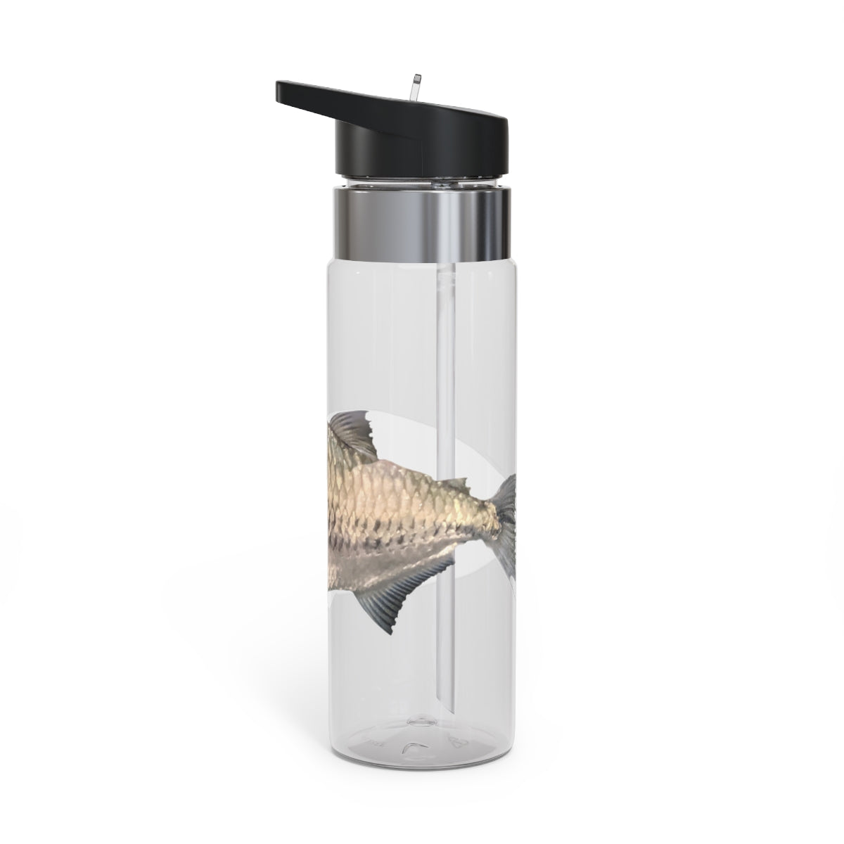 Silver Fish Kensington Tritan™ Sport Bottle in a sleek design, featuring a screw-on lid, straw, and carabiner hook for easy carrying.