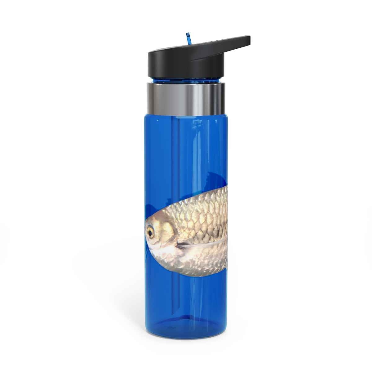 Silver Fish Kensington Tritan™ Sport Bottle in a sleek design, featuring a screw-on lid, straw, and carabiner hook for easy carrying.