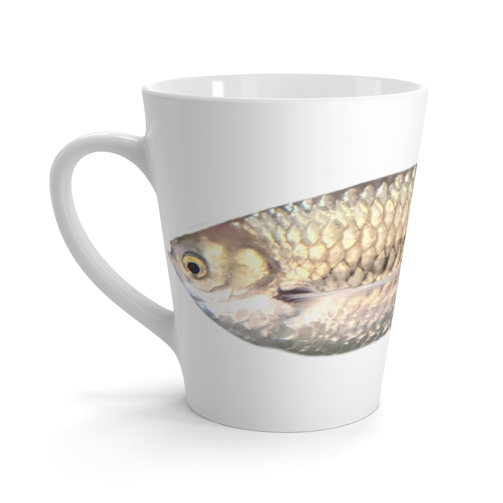 A stylish Silver Fish Latte Mug made of durable white ceramic, featuring a unique silver fish design and a comfortable C-handle.