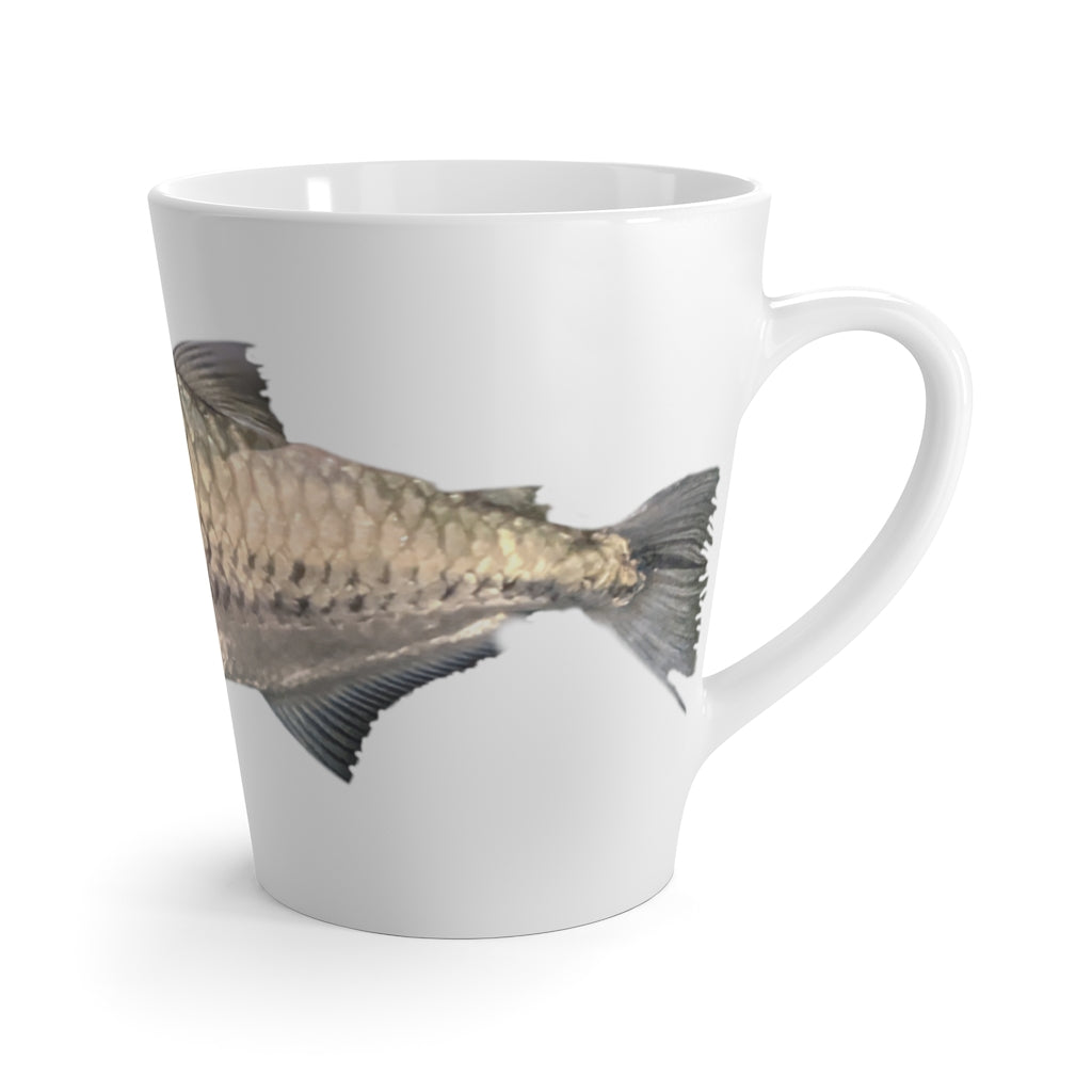 A stylish Silver Fish Latte Mug made of durable white ceramic, featuring a unique silver fish design and a comfortable C-handle.