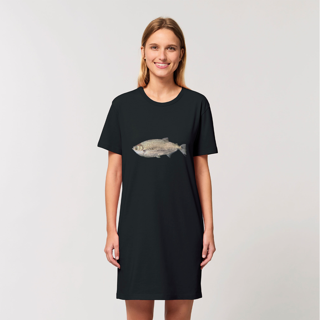 A stylish Silver Fish Organic T-Shirt Dress made from 100% organic cotton, showcasing its soft texture and elegant design.