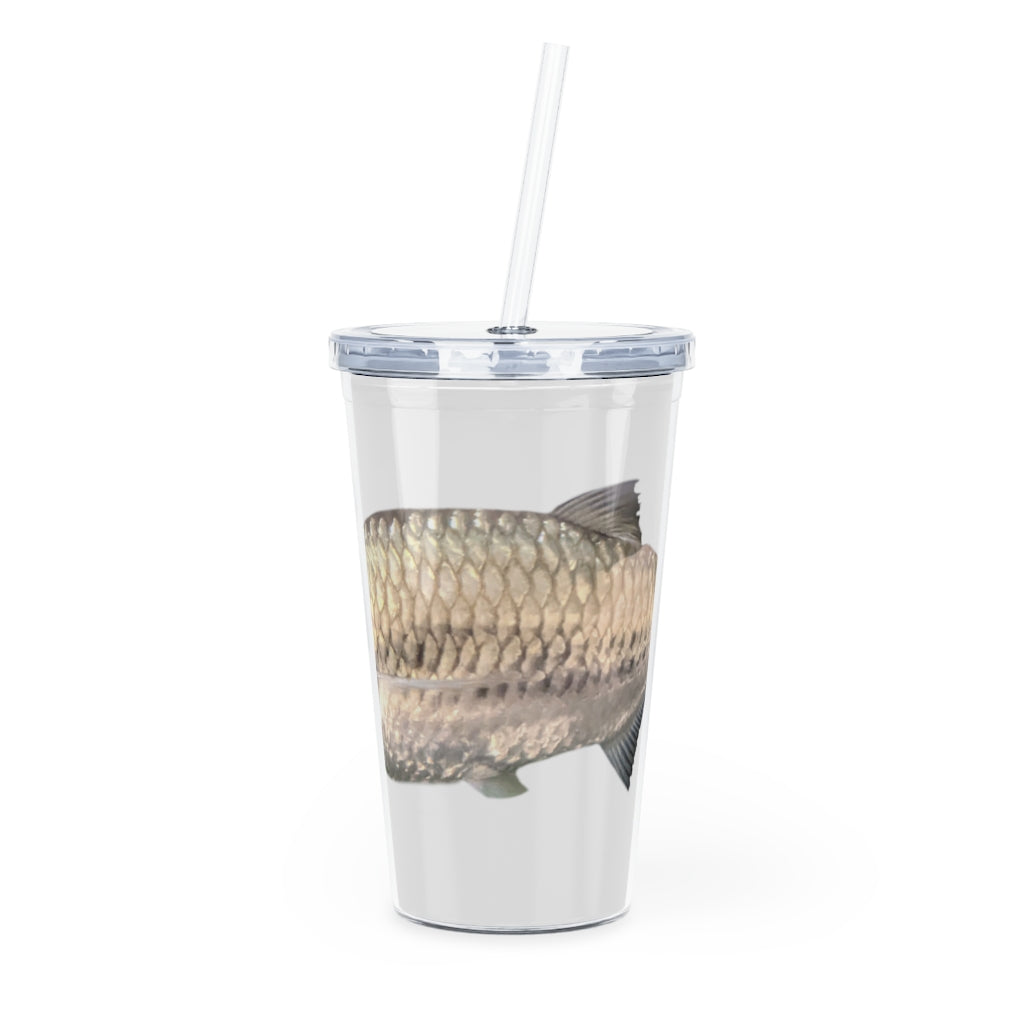 A stylish Silver Fish Plastic Tumbler with a lid and straw, showcasing its customizable design and double wall insulation.