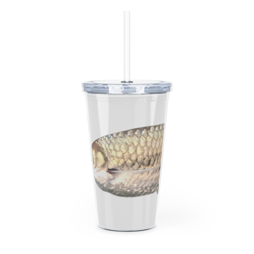 A stylish Silver Fish Plastic Tumbler with a lid and straw, showcasing its customizable design and double wall insulation.