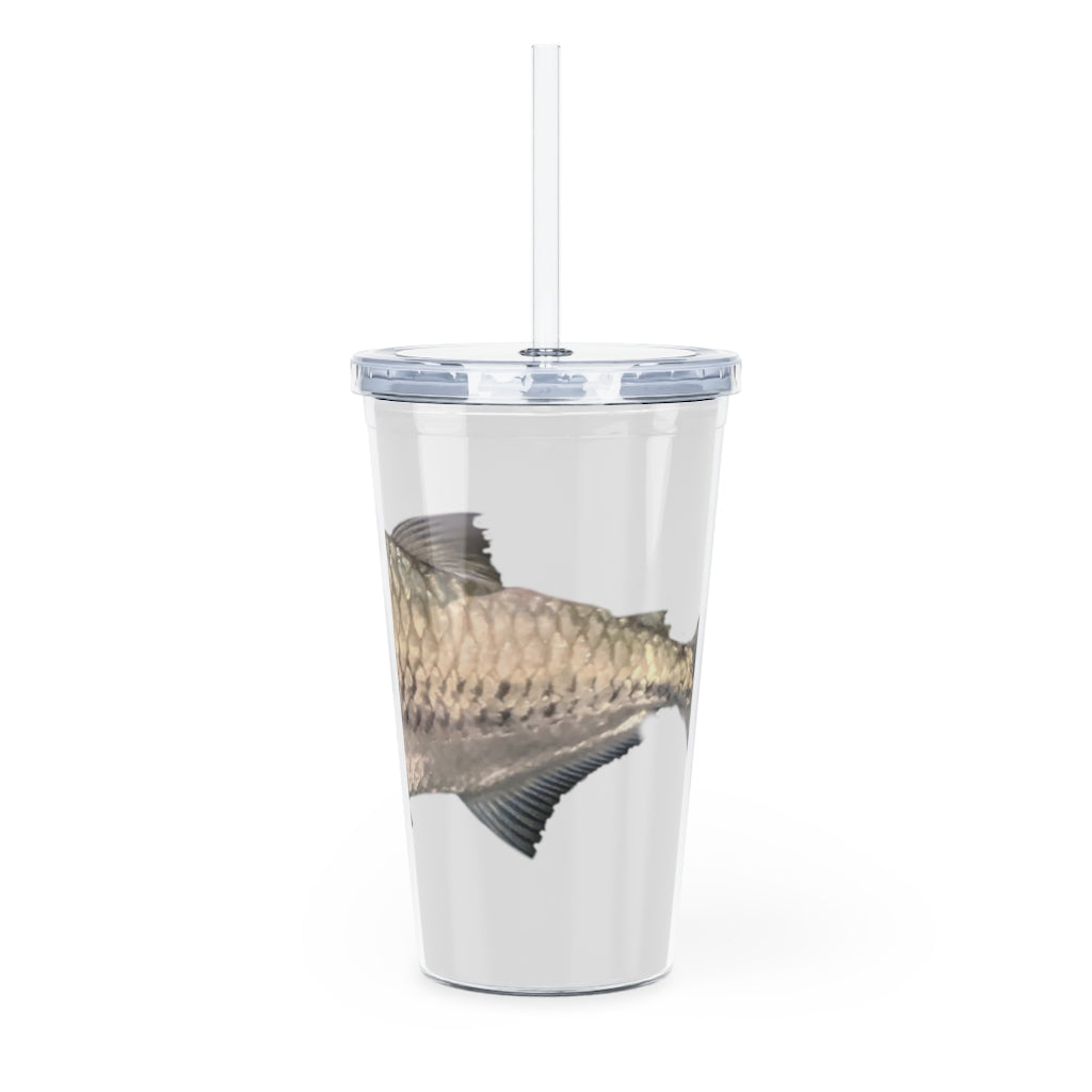 A stylish Silver Fish Plastic Tumbler with a lid and straw, showcasing its customizable design and double wall insulation.