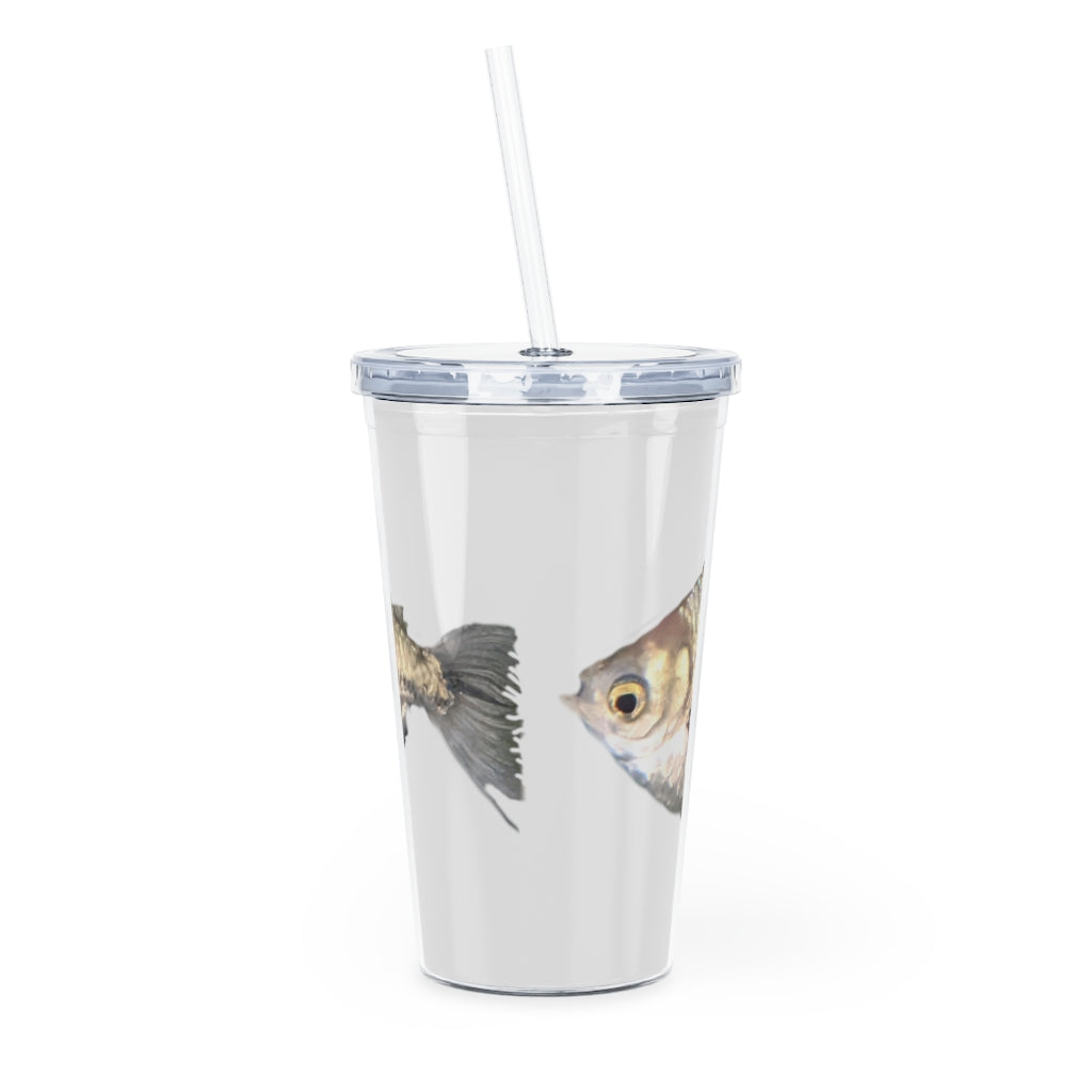 A stylish Silver Fish Plastic Tumbler with a lid and straw, showcasing its customizable design and double wall insulation.