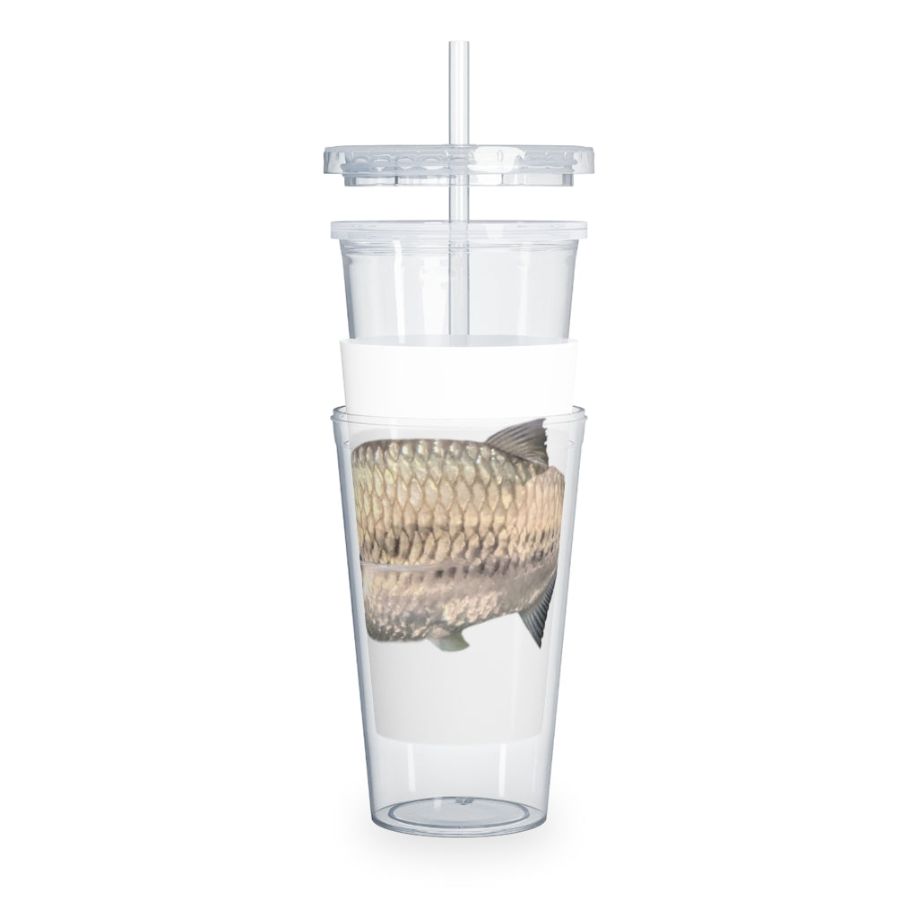 A stylish Silver Fish Plastic Tumbler with a lid and straw, showcasing its customizable design and double wall insulation.