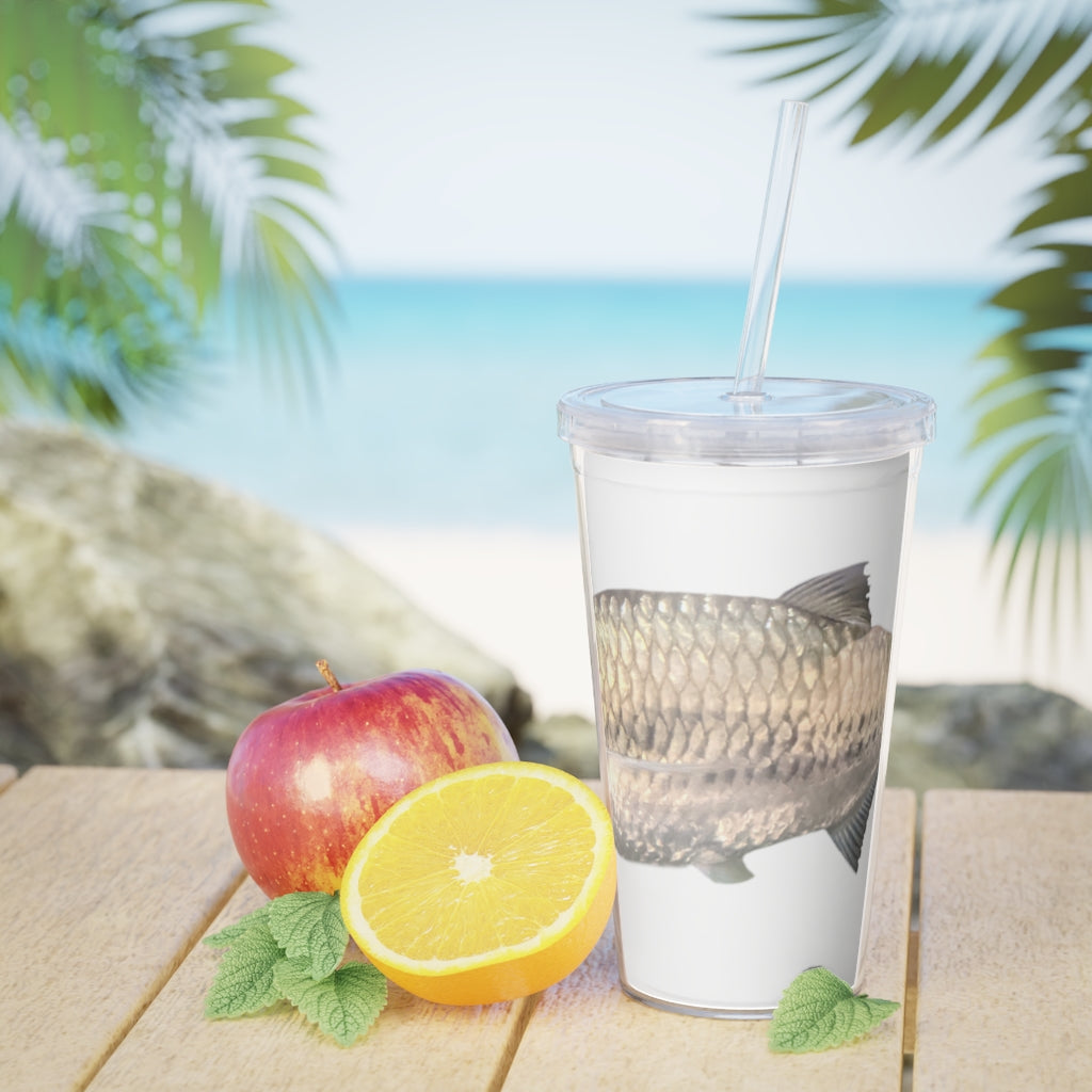 A stylish Silver Fish Plastic Tumbler with a lid and straw, showcasing its customizable design and double wall insulation.