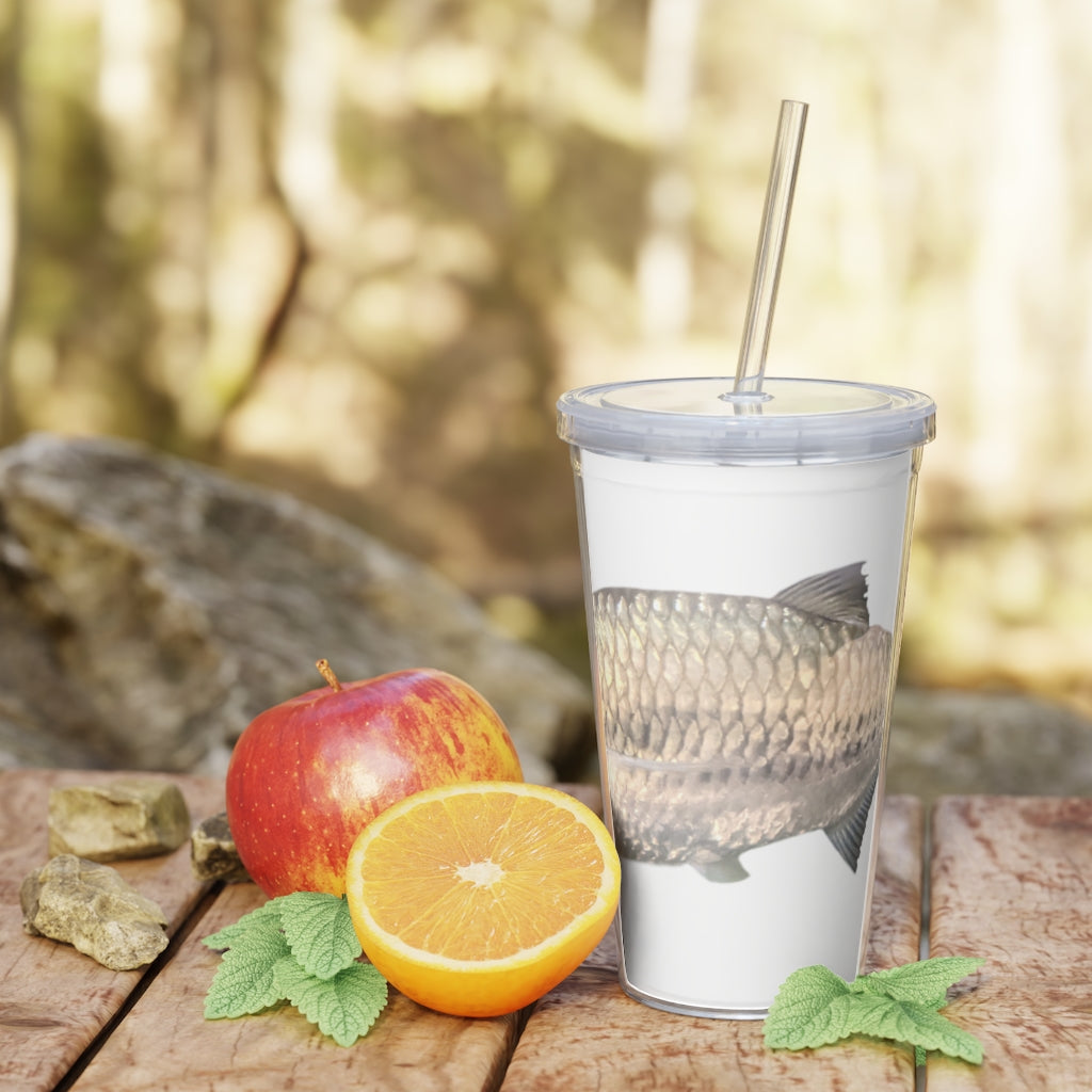 A stylish Silver Fish Plastic Tumbler with a lid and straw, showcasing its customizable design and double wall insulation.