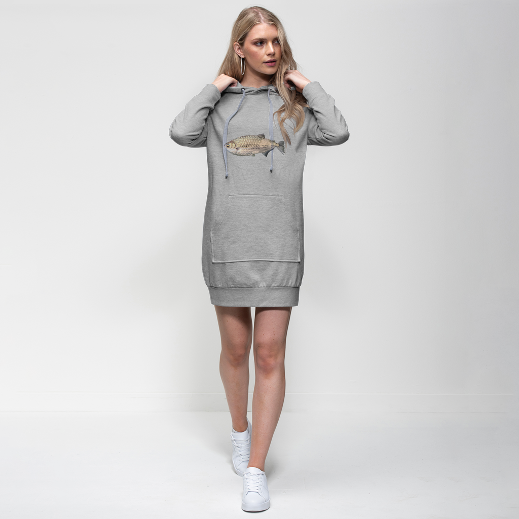 Silver Fish Premium Adult Hoodie Dress featuring a relaxed fit, hood, and kangaroo pocket, made from soft cotton blend fabric.