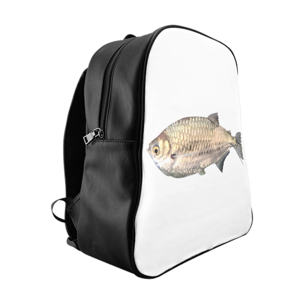 Silver Fish School Backpack featuring a unique design, padded back, and multiple pockets for organization.