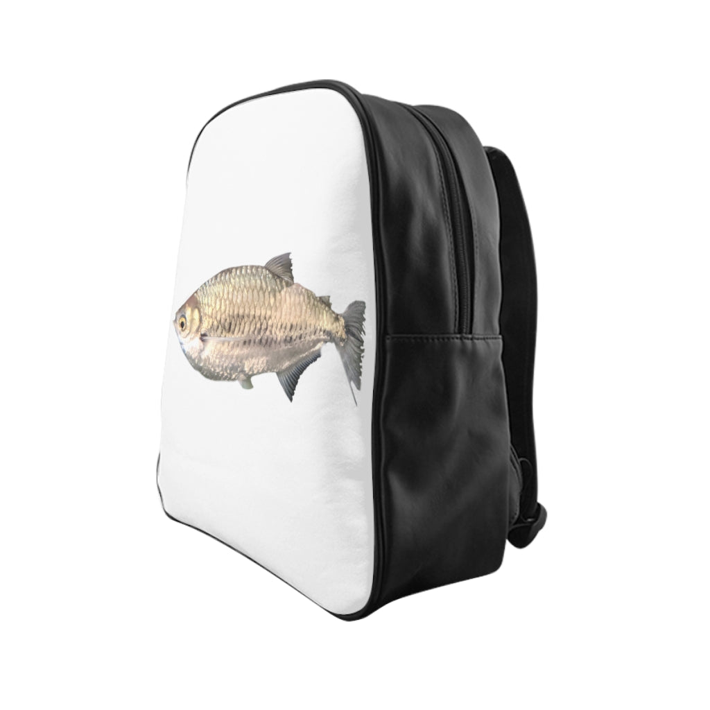 Silver Fish School Backpack featuring a unique design, padded back, and multiple pockets for organization.