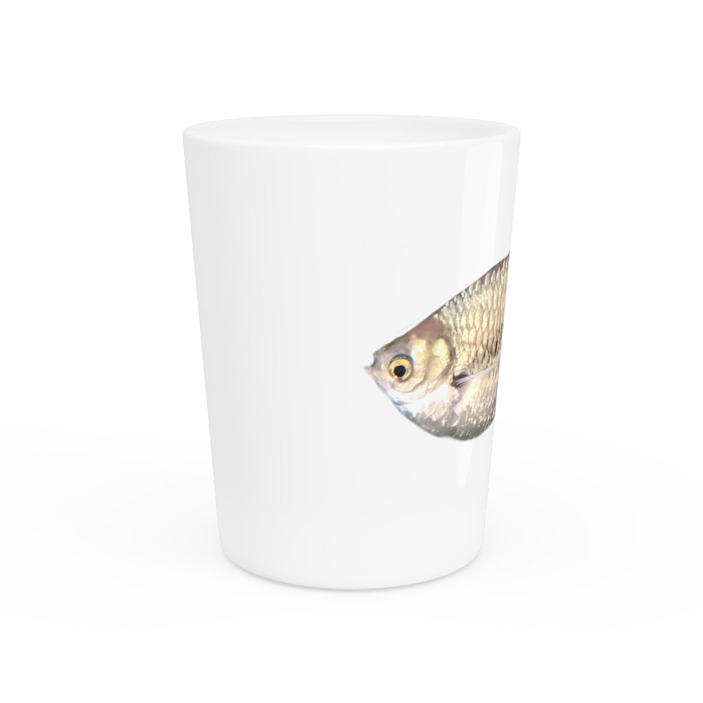 A stylish Silver Fish Shot Glass made of ceramic, featuring a customizable design with a white or black interior, perfect for events and gifting.