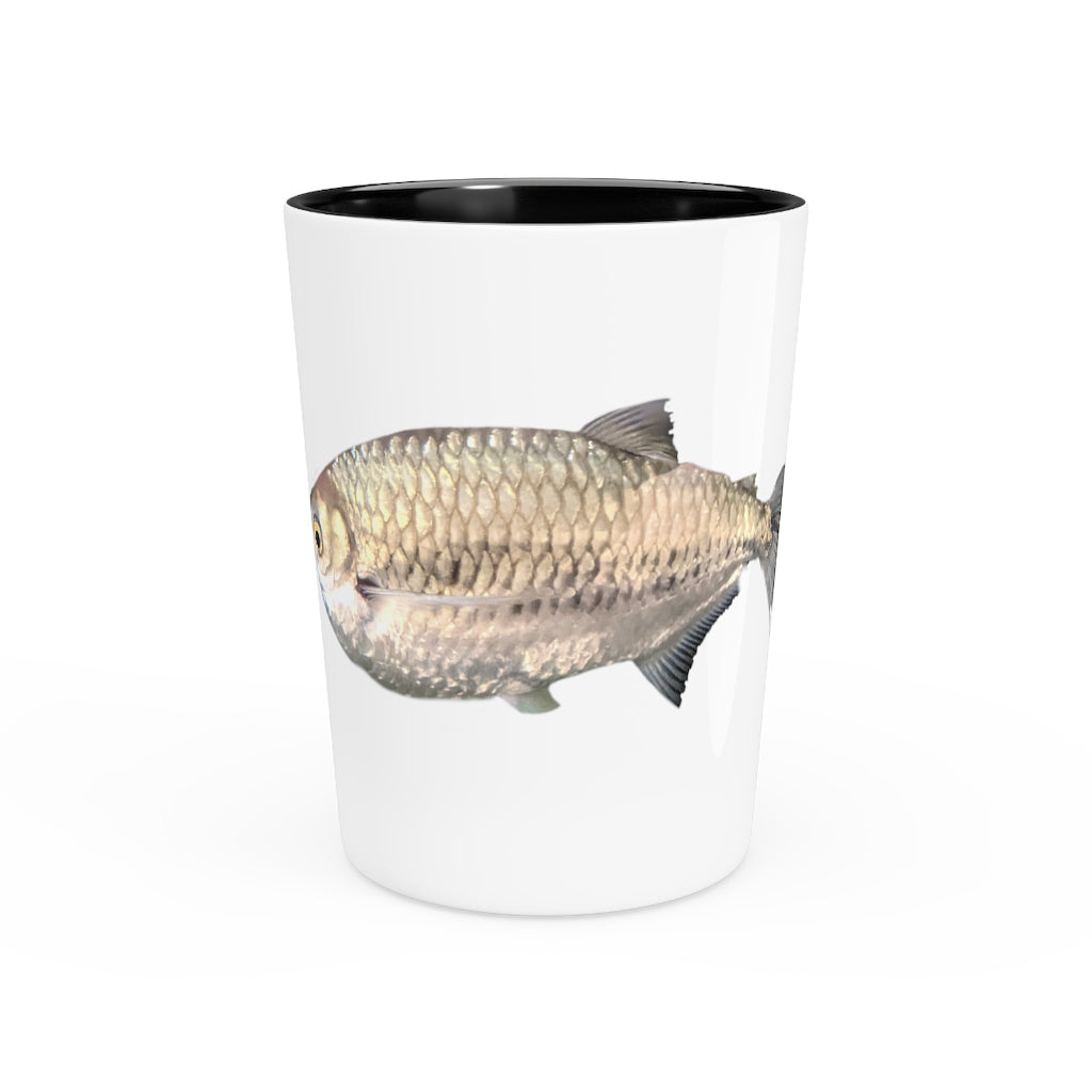 A stylish Silver Fish Shot Glass made of ceramic, featuring a customizable design with a white or black interior, perfect for events and gifting.