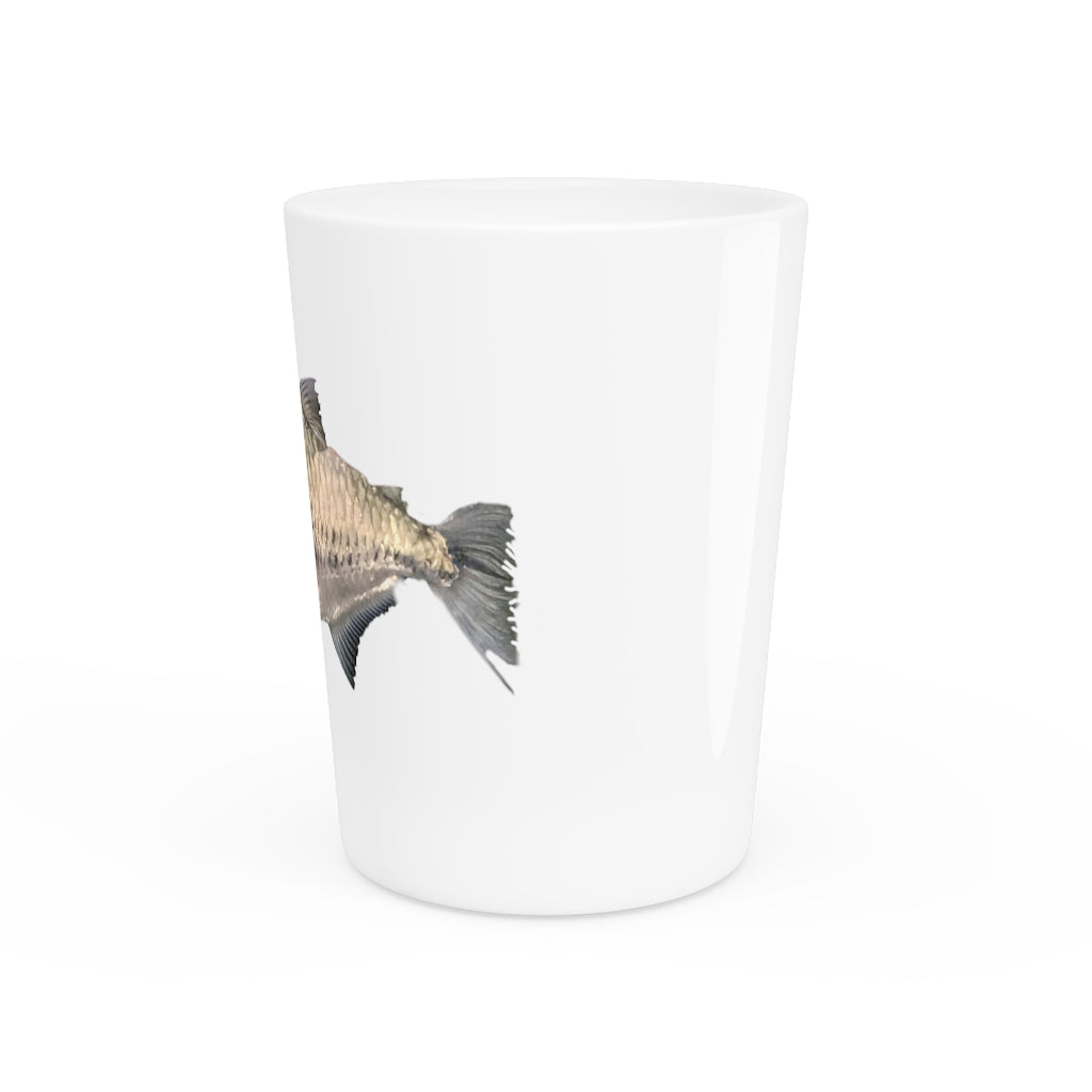 A stylish Silver Fish Shot Glass made of ceramic, featuring a customizable design with a white or black interior, perfect for events and gifting.