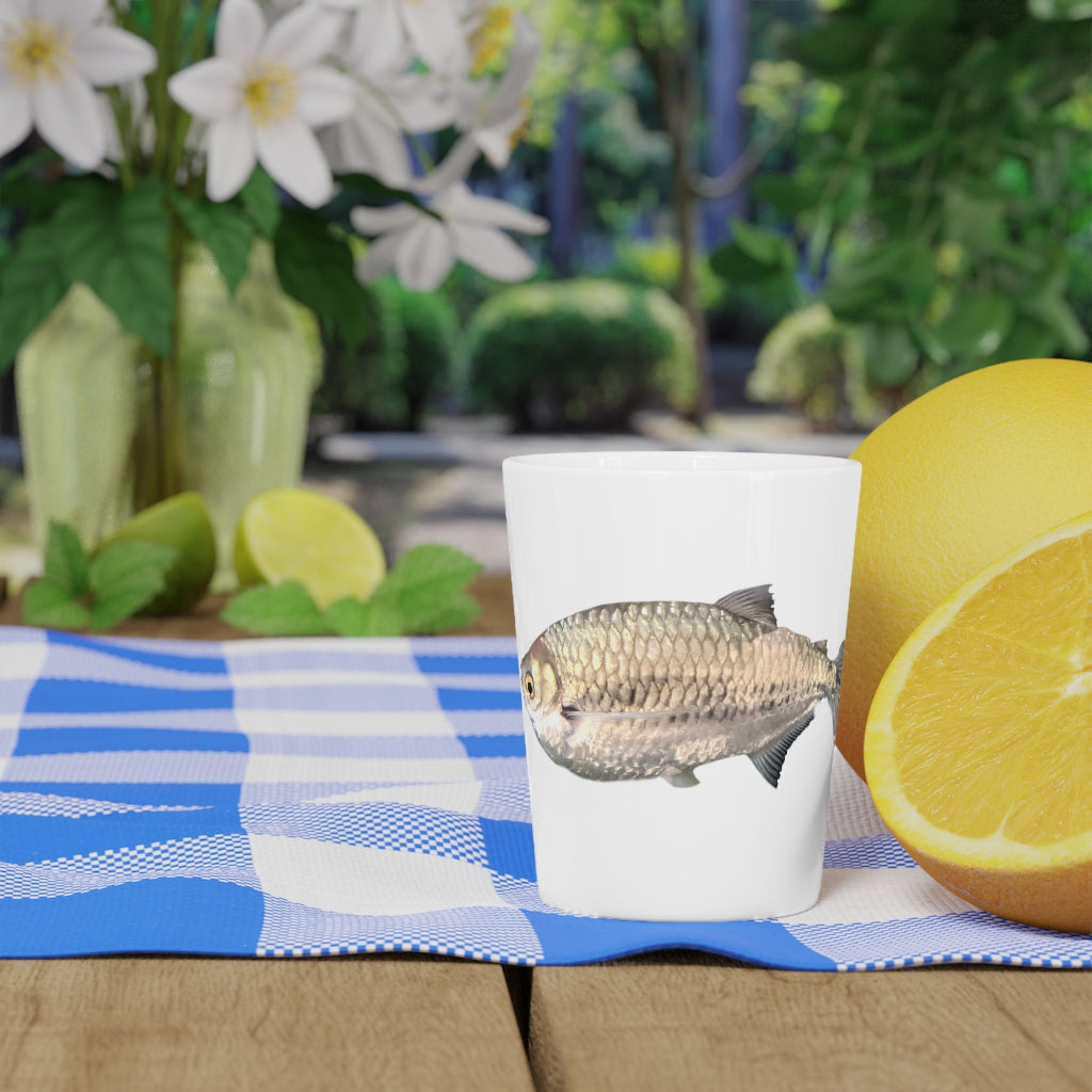 A stylish Silver Fish Shot Glass made of ceramic, featuring a customizable design with a white or black interior, perfect for events and gifting.