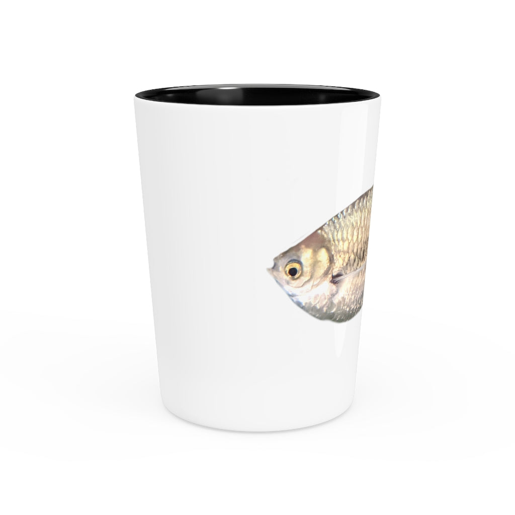 A stylish Silver Fish Shot Glass made of ceramic, featuring a customizable design with a white or black interior, perfect for events and gifting.