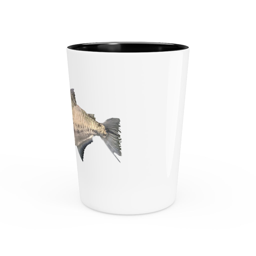 A stylish Silver Fish Shot Glass made of ceramic, featuring a customizable design with a white or black interior, perfect for events and gifting.