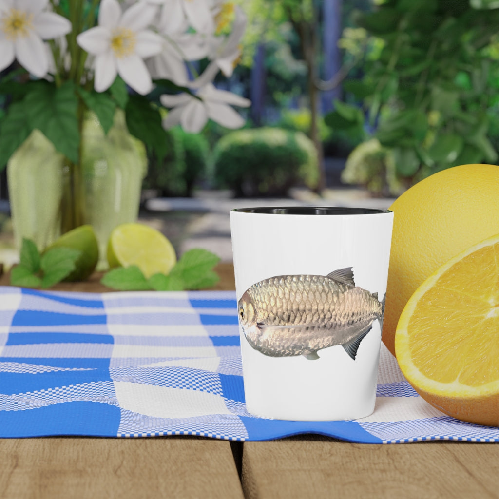 A stylish Silver Fish Shot Glass made of ceramic, featuring a customizable design with a white or black interior, perfect for events and gifting.