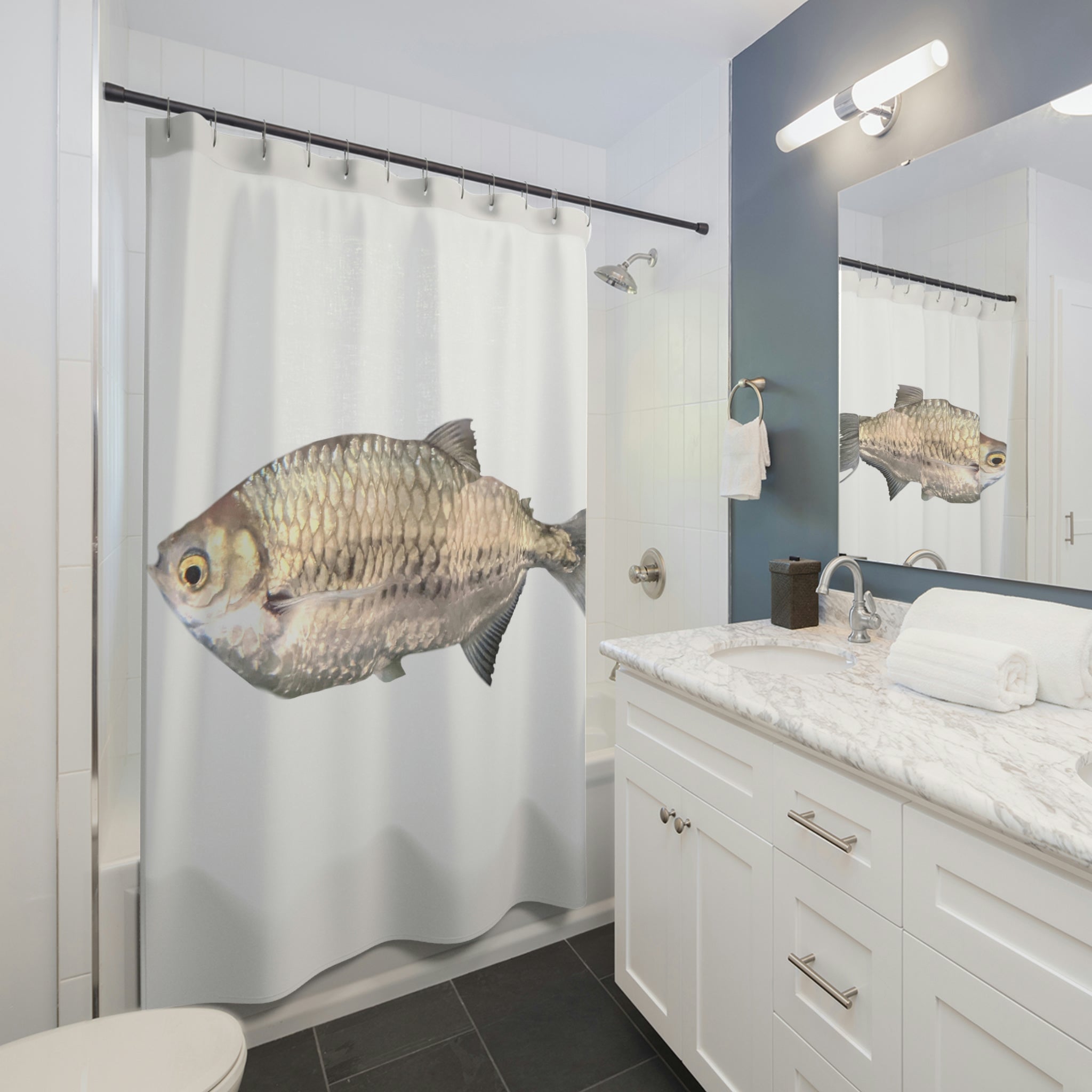 A stylish Silver Fish Shower Curtain made of durable polyester, featuring vibrant fish designs, perfect for enhancing bathroom decor.