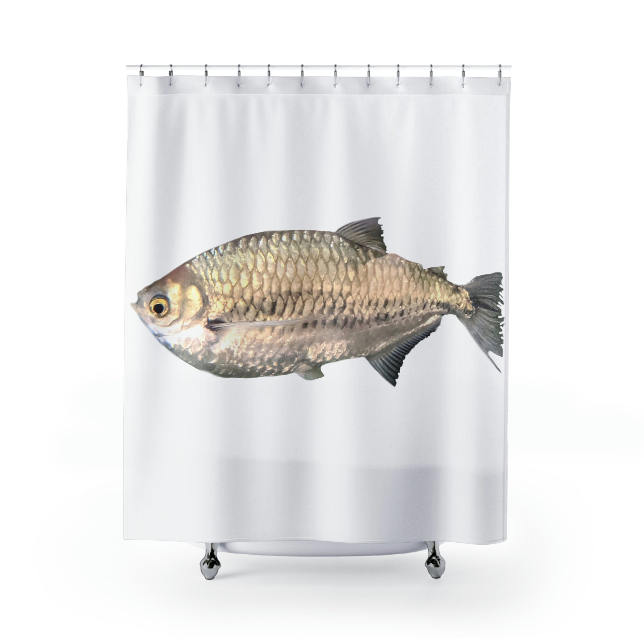 A stylish Silver Fish Shower Curtain made of durable polyester, featuring vibrant fish designs, perfect for enhancing bathroom decor.