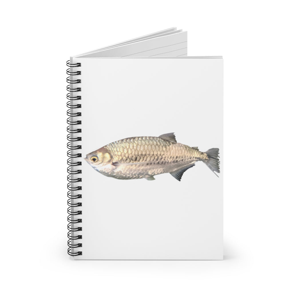 Silver Fish Spiral Notebook with ruled line pages and a printed front cover, featuring a black back cover.