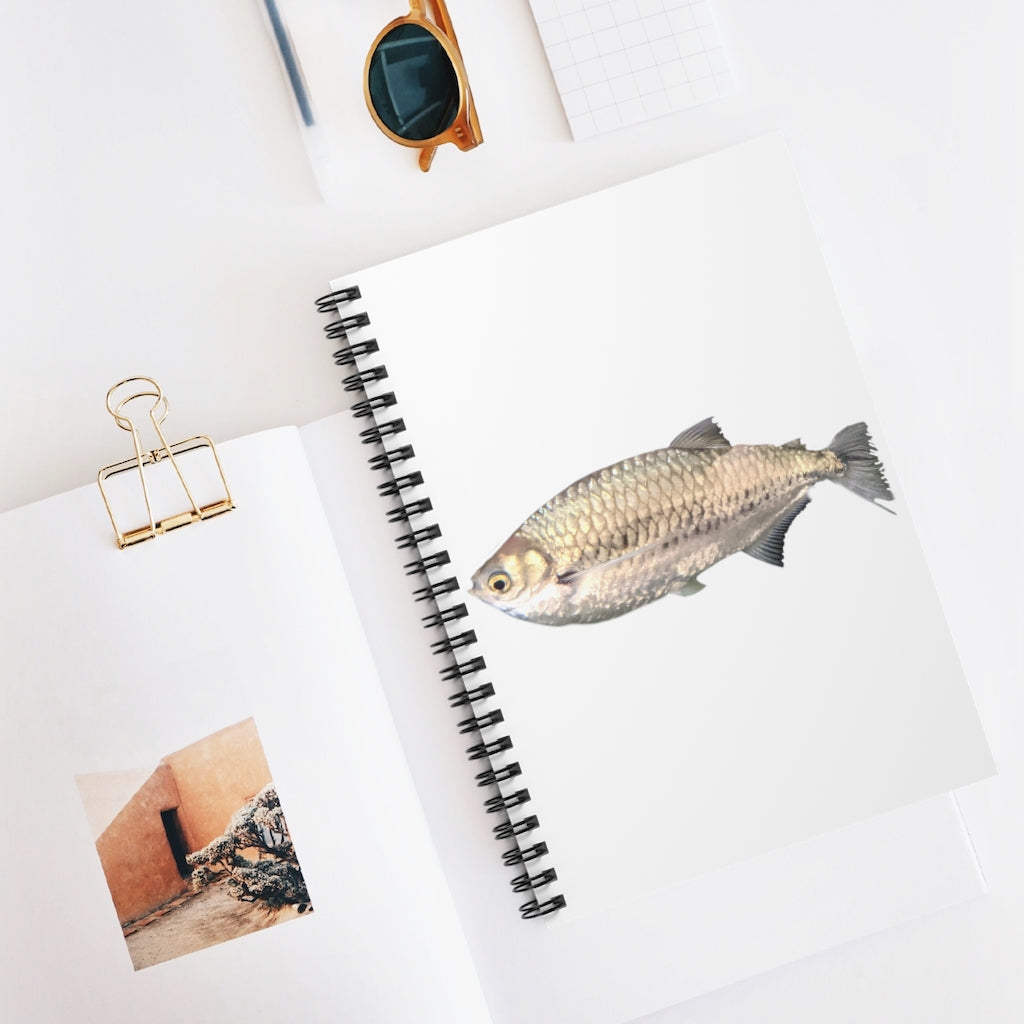 Silver Fish Spiral Notebook with ruled line pages and a printed front cover, featuring a black back cover.