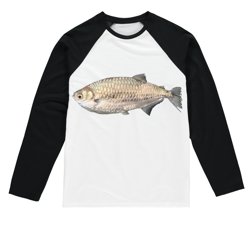 Silver Fish Sublimation Baseball Long Sleeve T-Shirt featuring a crew neck and long sleeves, designed for sublimation printing with a stylish fit.