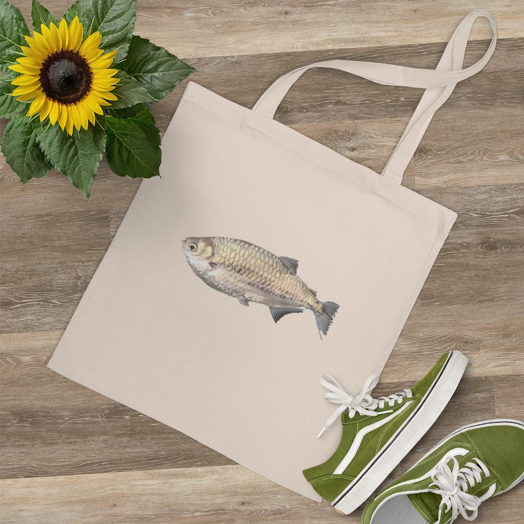 A stylish Silver Fish Tote Bag made of 100% cotton with long handles and cross stitching, available in multiple colors.