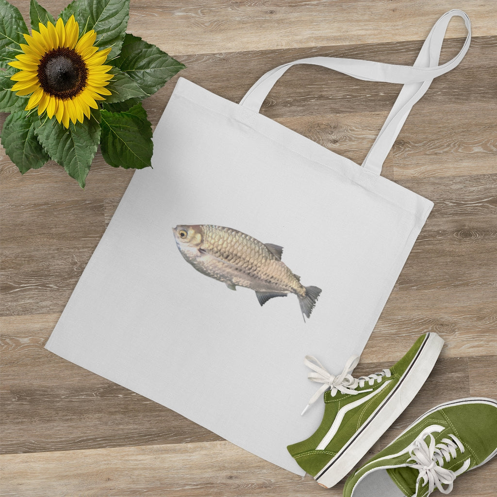 A stylish Silver Fish Tote Bag made of 100% cotton with long handles and cross stitching, available in multiple colors.