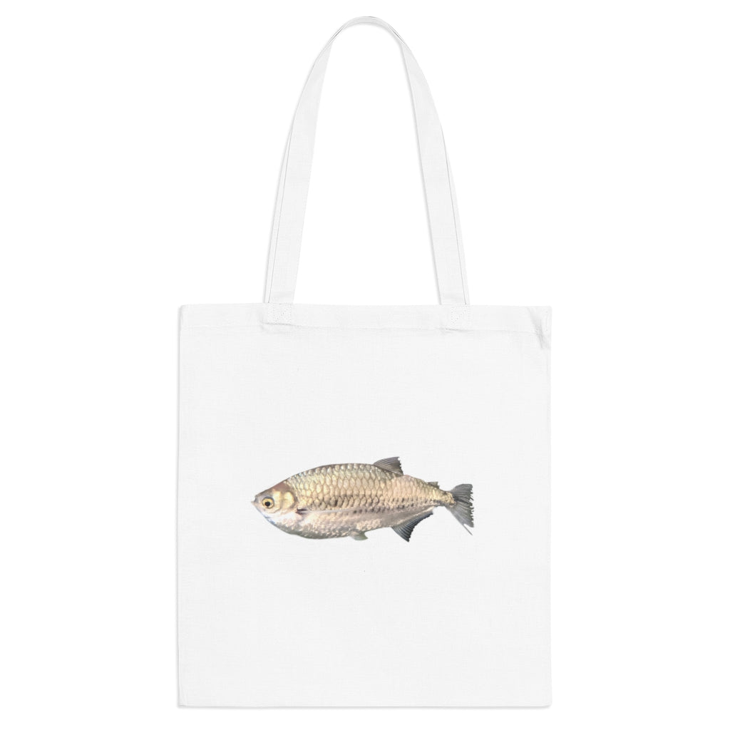 A stylish Silver Fish Tote Bag made of 100% cotton with long handles and cross stitching, available in multiple colors.